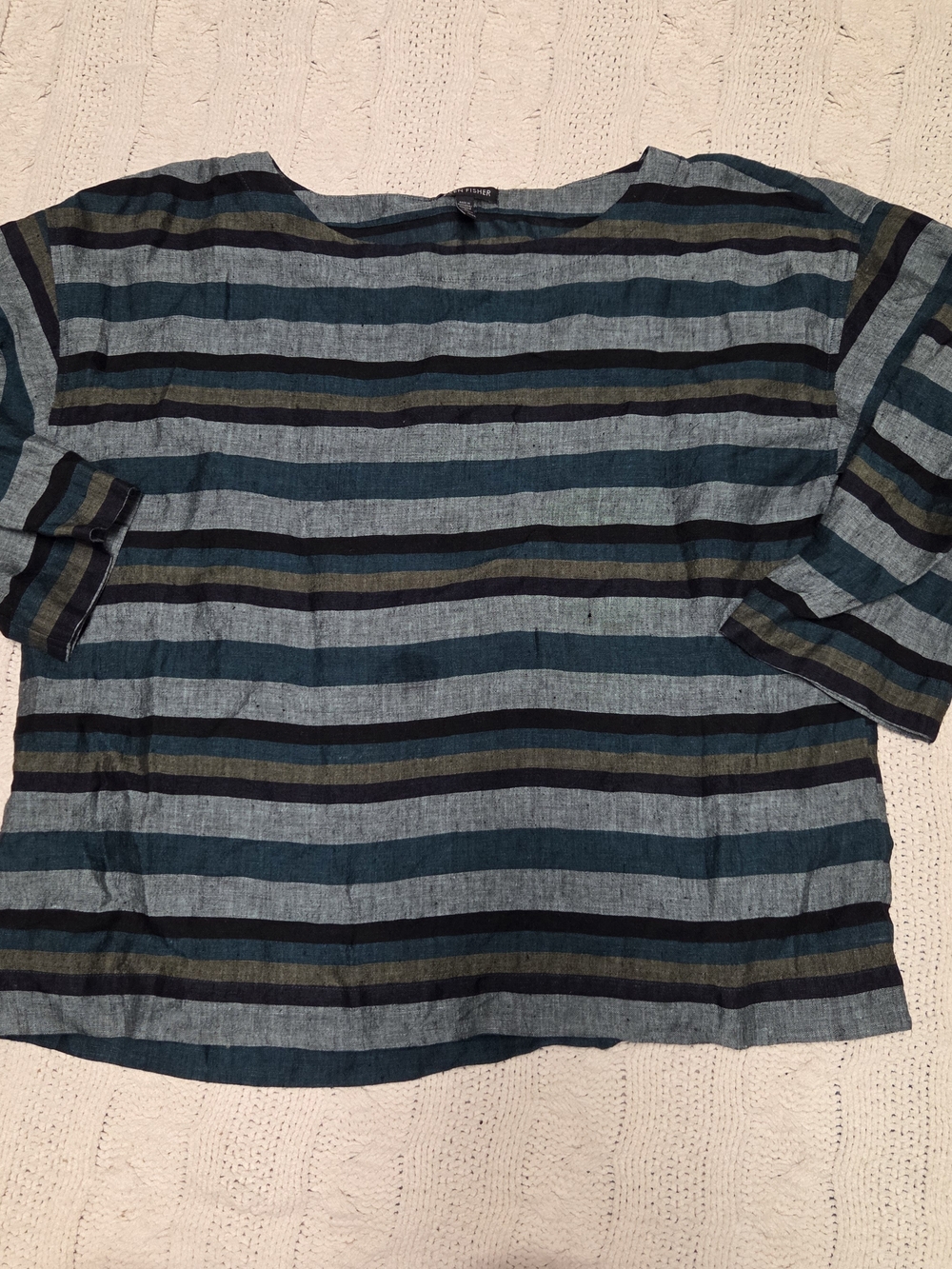 Eileen Fisher Teal, Blue & Olive Striped Linen Boxy Top